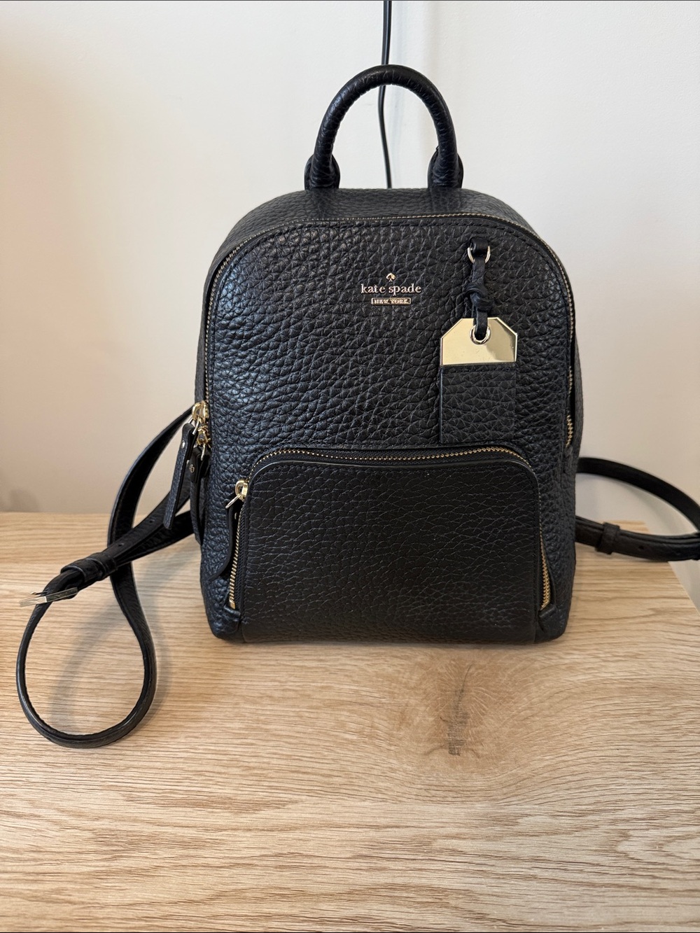 kate spade Black Pebbled Leather Mini Backpack with Gold Hardware